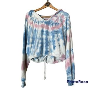 Hollister tie dyed cropped hoodie, pink blue & white, size large